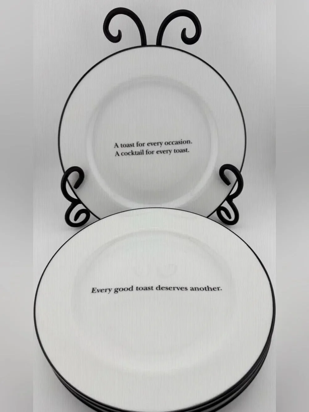 Pottery Barn White Porcelain Salad Dessert Saucers Plates Black Rim Toast Quotes
